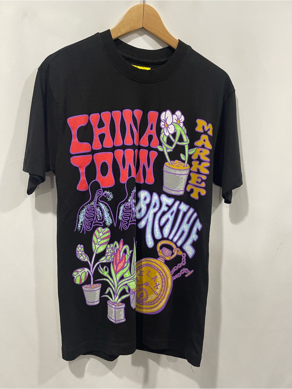 CHINATOWN MARKET "BREATHE" Graphic Tee - Black with Neon Prints